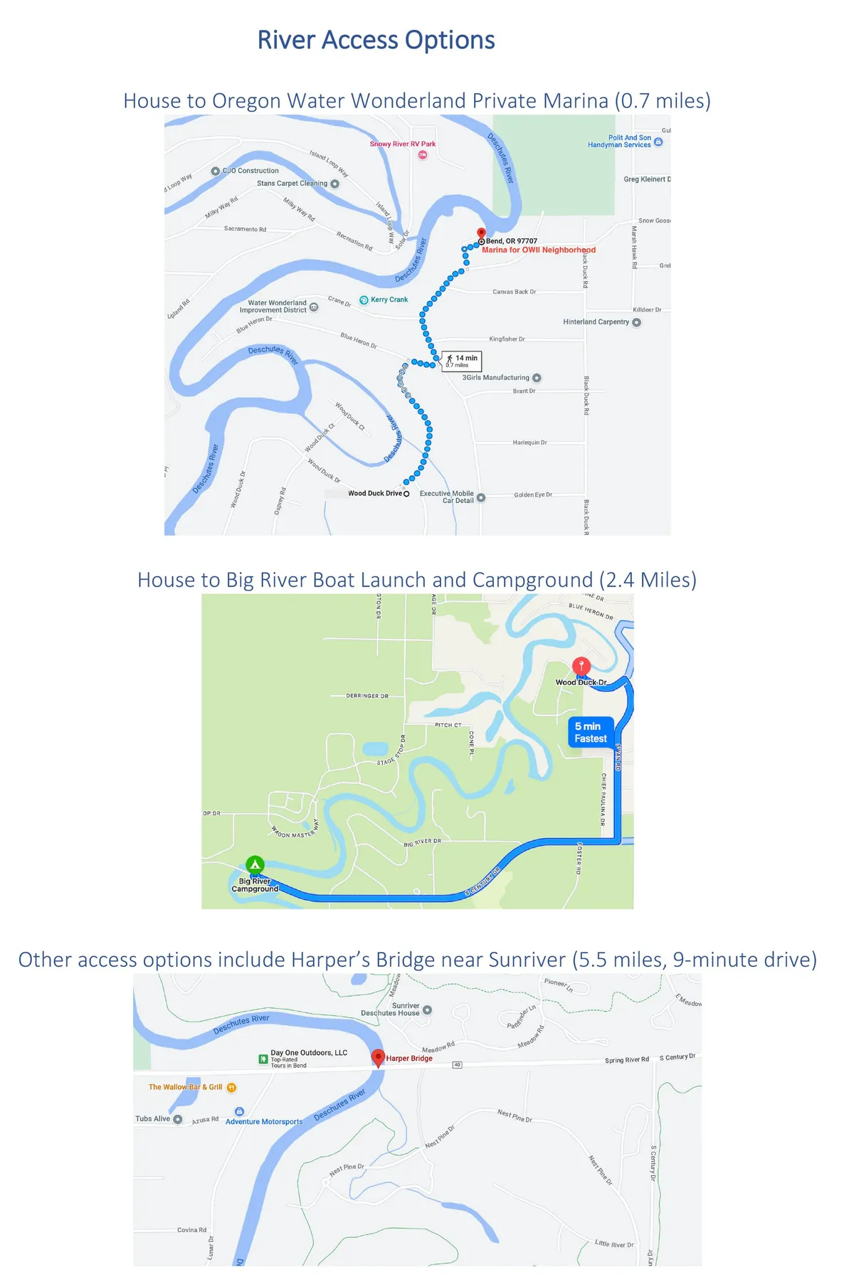 This image highlights the Oregon Water Wonderland Private Marina, Big River Boat Launch and Campground, and Harper's Bridge. It captures scenes of boating, camping, fishing, and riverside picnicking, set against a tranquil natural backdrop.